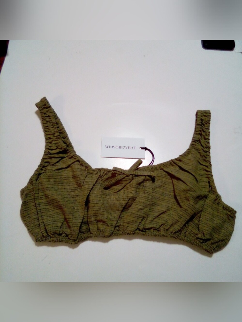 WEWOREWHAT Bralette Top Scrunchy Plaid Front Bow Pullover Medium Willow Multi